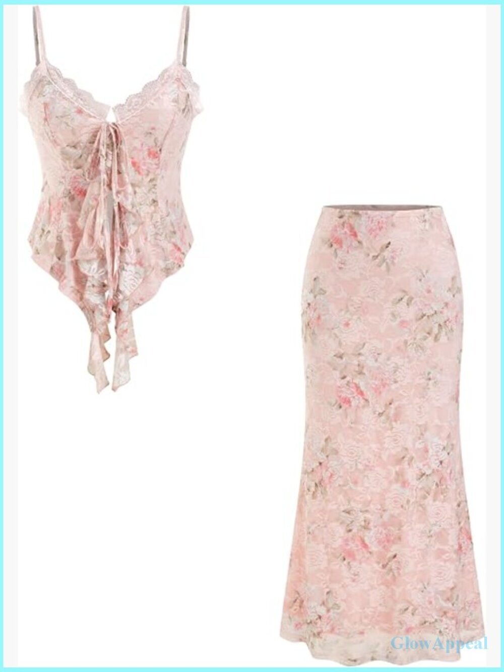 Two Piece Set Floral Lace Spaghetti Strap Tank Top Bodycon Midi Skirt Party